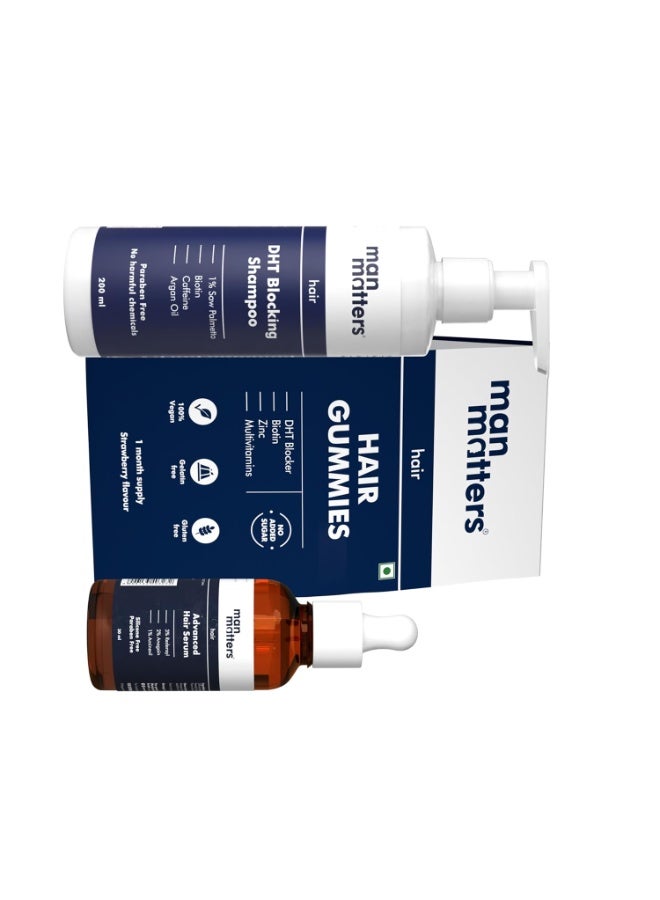 مان ماترز مجموعة منتجات مان ماترز للعناية بالشعر: سيروم متطور للشعر (30 مل)، شامبو مضاد لتساقط الشعر يمنع تأثير هرمون DHT (200 مل) وحبوب بيوتين قابلة للمضغ | يقلل من ترقق الشعر | يقوي ويغذي الشعر | تركيبة مصممة خصيصًا للرجال | عبوة من 3 قطع - Image 4